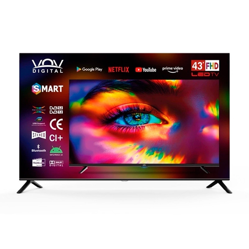 VOV TV 43" DIGITAL VLED-4324HD FHD smart TV Android 14 DVB t2/s2 Wifi ultra thin bezels frameless dolby